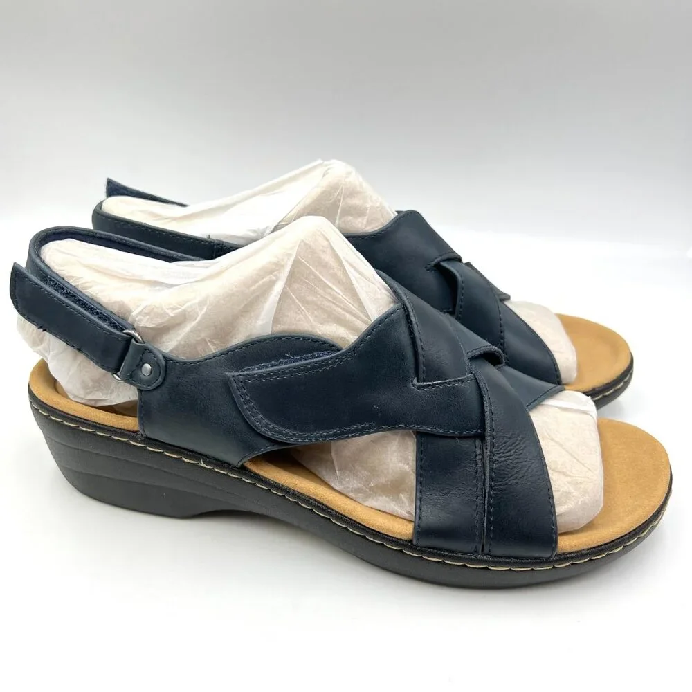 Clarks‎ Womens Size 12 Merliah Echo Navy Blue Leather Low Wedges Sandals Shoes